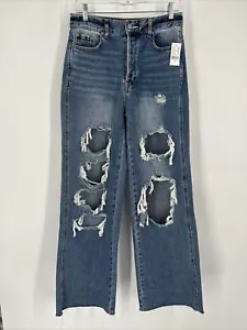 Pacsun Button Fly Distressed Ripped Baggy Jeans Sz 28 Wide Leg Women Raw Hem NWT - Picture 1 of 10