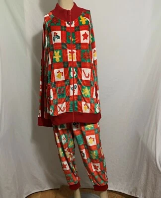 Conjunto de 2 piezas de chándal de Navidad chaqueta de terciopelo pantalón jogger rojo a cuadros alegre 2XL Foto 1 de 4