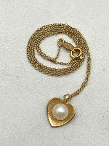 14k Gold Perle Herz Anhänger Halskette 15 Zoll - 1,5 g - Bild 1 von 11