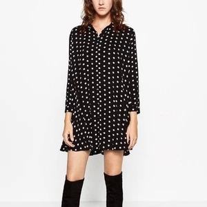 ZARA Premium Denim Collection Polka Dot Shirt Dress Mini Sz XS Black White - Picture 1 of 12