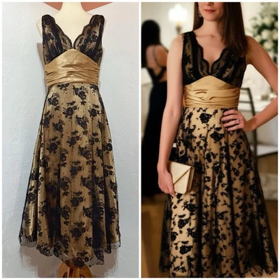 VTG Night Way Collections Gold Black Lace Cocktail Formal Dress Whimsy Size 12 - Image 1 of 4