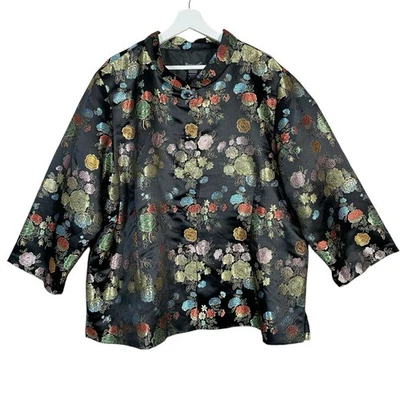NWT Satin Floral Brocade Jacket 3X Asian Mandarin Collar Multicolor Chinese Knot - Image 1 of 4