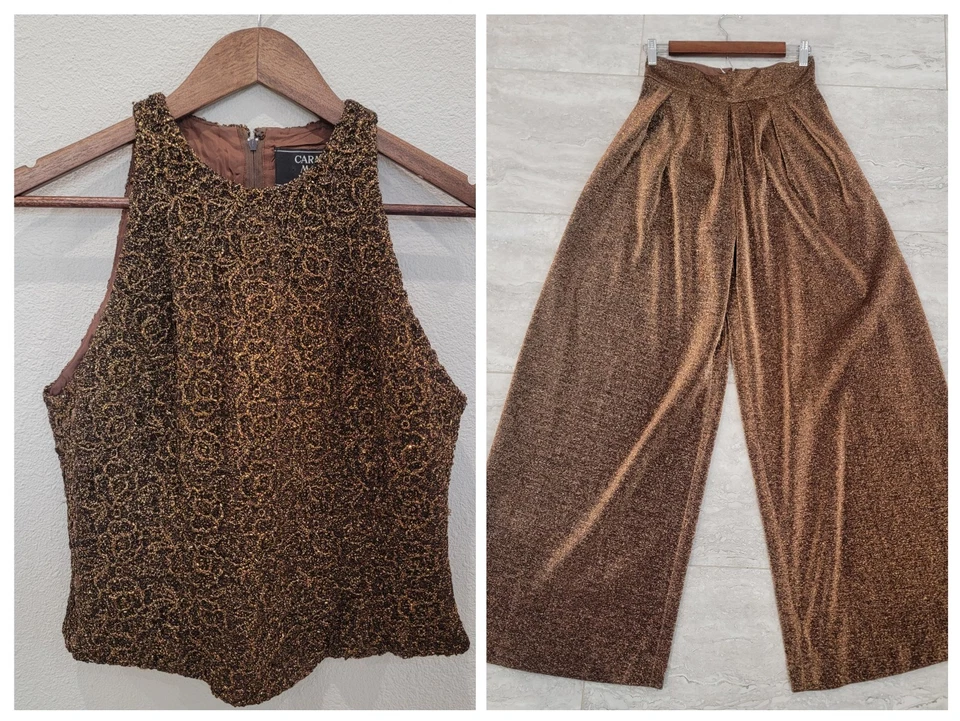 Traje Pantalón Carmen Marc Valvo Mujer Dos Piezas Metálico Chocolate Marrón Cuentas Talla 6 Foto 1 de 4