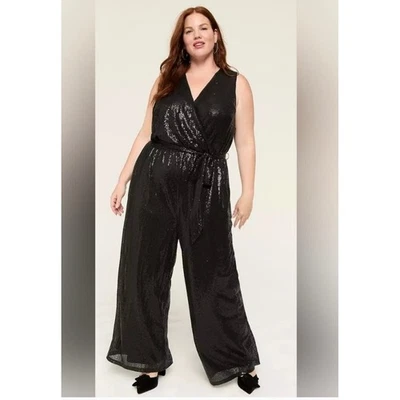 Lane Bryant Black Sequin Wide Leg Jumpsuit 18/20 Flutter Sleeve Belted - Image 1 of 4