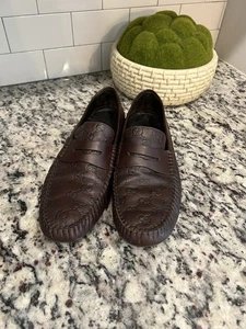 Mens Brown GG Gucci Monogram Leather Loafers Drivers Sz 10 Made In ITALY - Picture 1 of 8