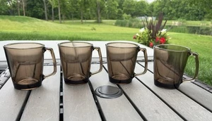 Corning Pyrex Fireside 4” Amber Glass Coffee Mug Cup #1400 11oz D Handle Set 4 - Picture 1 of 14