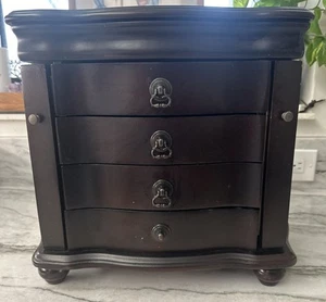 Brown Wooden Jewelry Box With Four Drawers, Mirror, and Side Compartments - Picture 1 of 13