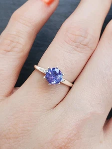 14K White Gold Plated 925 Silver Round Cut Natural Tanzanite Engagement Ring - Picture 1 of 5
