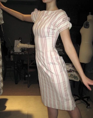 VINTAGE 60s Helen Whiting Floral Stripe Bows Sheath Dress XS/S Jacquard Coquette - Image 1 of 4