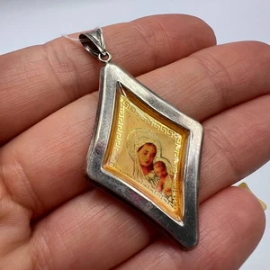 Colgante Icono Ortodoxo Vintage Plata de Ley 925 Virgen María y Jesús Etiqueta Marcada - Imagen 1 de 8