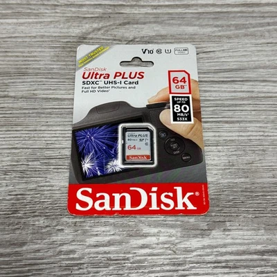 SanDisk 64GB Ultra PLUS 80MB/s SDHC SD Card Class 10 New - Image 1 of 2