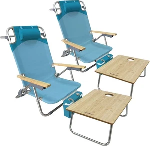 Folding Backpack Beach Chair 2 Pack Aluminum 5-Position with Samll Camping Table - Picture 1 of 7