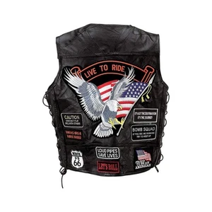 Buffalo Leather Bikers Vest Live to Ride American Eagle Bomb Squad 14 Patches Si - Picture 1 of 7
