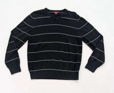 Merona Men's Sweater Size Medium Black Striped V-Neck Long Sleeve - Image 1 of 4