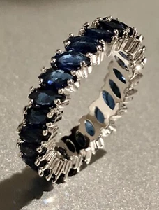 Anillo de la Eternidad Lleno de Oro Blanco 18 K Hecho con Banda Marquesa Azul Cristal Swarovski - Imagen 1 de 11