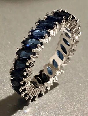 18k White Gold Filled Eternity Ring made w Swarovski Crystal Blue Marquise Band - Image 1 of 4