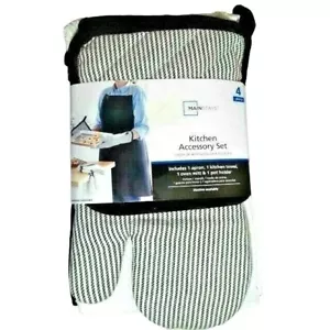 Black Apron Kitchen Towel Set Oven Mitt Potholder Cotton Stripe Solid 4-Pc NIP - Picture 1 of 2