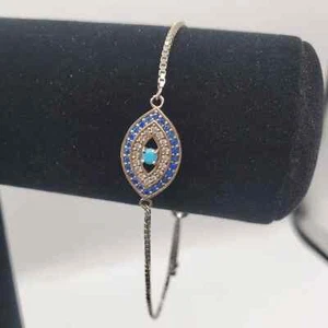 STERLING SILVER DIAMOND SAPPHIRE and TURQUOISE EVIL EYE BRACELET  - Picture 1 of 7