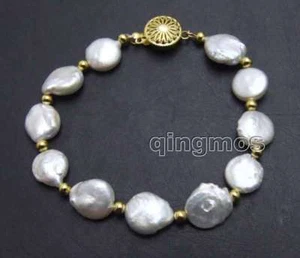 11-12mm Coin Round Natural Freshwater White Pearl Bracelet Women Jewelry 7.5" - Picture 1 of 8