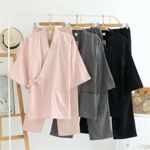 Lady Men 100% Cotton Baggy Japanese Kimono Robe and Pants Suit Pajamas Sleepwear - Picture 1 of 11