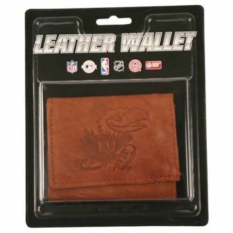 KANSAS JAYHAWKS NCAA TAN LEATHER TRI-FOLD WALLET EMBOSSED TEAM LOGO NEW Cover
