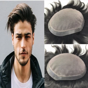Durable Men Human Hair Replacement System Hairpiece Fine Mono Skin Around Toupee - Picture 1 of 15
