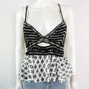 Anthropologie Babydoll Crochet Crop Babydoll Top Size S Geometric Print Boho - Picture 1 of 12