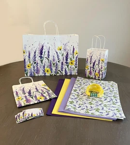 LAVENDER FIELDS Gift Bag Bundle with Tissue Paper, Gift Tags, Raffia Ribbon - Picture 1 of 7
