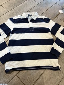 Polo Ralph Lauren Rugby Shirt Youth XL 20 Blue White Striped Long Sleeve Preppy - Picture 1 of 9
