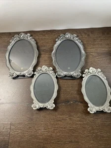 Vintage Pewter Photo Frame Lot 4 Oval Cottage Floral Rose Ribbon - Picture 1 of 4