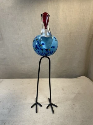 Фигурка синей птицы ручной работы из художественного стекла на металлических ножках 14 дюймов высокий домашний декор #008 - Изображение 1 из 4