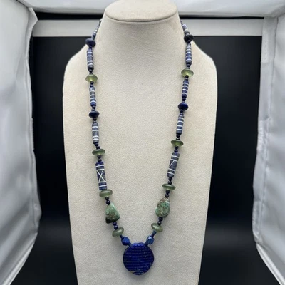 Authentic Natural  Lapis Lazuli Turquoise Stone Jade Beads  Afghanistan Necklace - Image 1 of 4