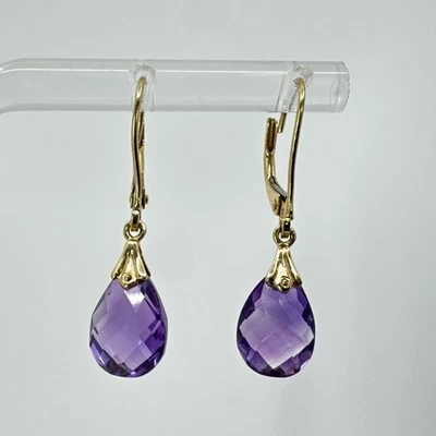 14K Solid Yellow Gold Leverback Dangle Earrings Briolette Teardrop Amethyst - Image 1 of 4