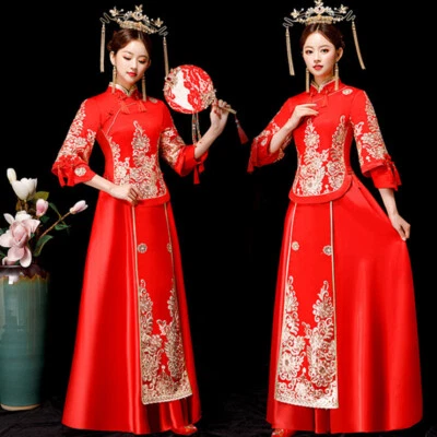Chinese Traditional Wedding Dress Women Silk Cheongsam Long Qipao Size M-5XL - Image 1 of 4