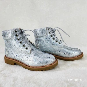 Botines de combate Wonder brillantes diamantes de imitación metálicos plateados piedras multicolores - Imagen 1 de 8