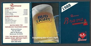 Richmond Braves 1988 (menores) Bud Light temporada regular calendario de bolsillo casi nuevo-como nuevo - Imagen 1 de 1