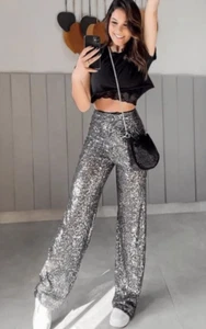 ZARA DARK SILVER GREY HIGH WAIST SEQUINNED FLARED LEGGINGS WIDE LEG TROUSERS L - Picture 1 of 6