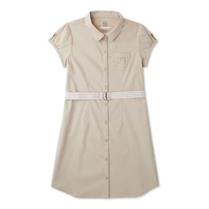 Wonder Nation Girls School Uniform Button-Up Shirt Dress, Khaki, L 10-12 - Picture 1 of 6