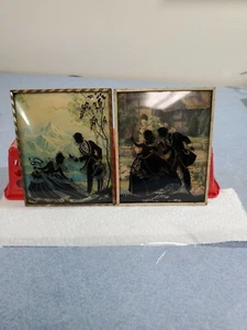 Antique silhouette painted on convex glass  pair of 4"x5"  (Lot of 2) - Picture 1 of 5