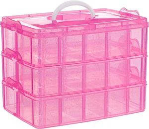 3-Tier Pink Craft Storage Container, Stackable Organizer Box with Dividers for A - Picture 1 of 7