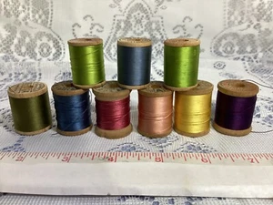 Antique Vtg Pure Silk 9 Wood Spools of Thread Belding B & A Richardson Heminway - Picture 1 of 24