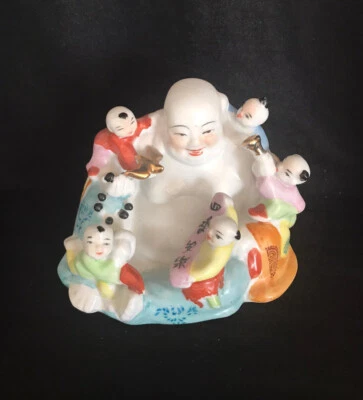 Chinese Antique/vintage famille Rose Porcelain Laughing Buddha with 5 Children - Image 1 of 4