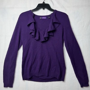 Saks Fifth Avenue Purple Cashmere Sweater Long Sleeve Ruffle V Neck Women’s M - Picture 1 of 8