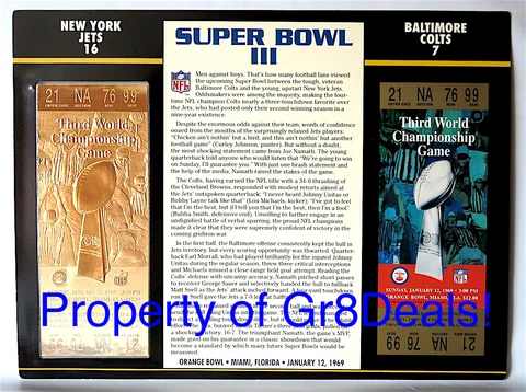 SUPER BOWL 3 ~ JETS vs COLTS Official NFL 22 KT GOLD SB III TICKET Willabee Ward Cover