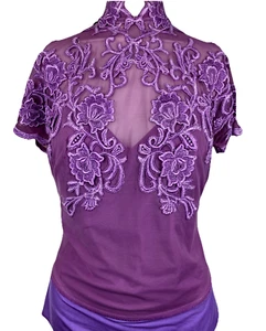 S M Vintage Cache 90s mesh floral mandarin collar rose appliqué Top Purple - Picture 1 of 5