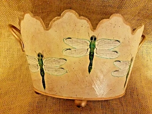 Colonial Accents Metal Cache Pot Planter Dragonflies Motif Footed - Picture 1 of 14