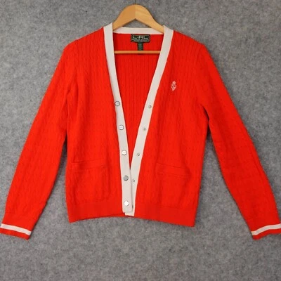 Cárdigan Ralph Lauren Snap Aran Mujer Mediano LRL Naranja Blanco Borde Pescador Foto 1 de 4