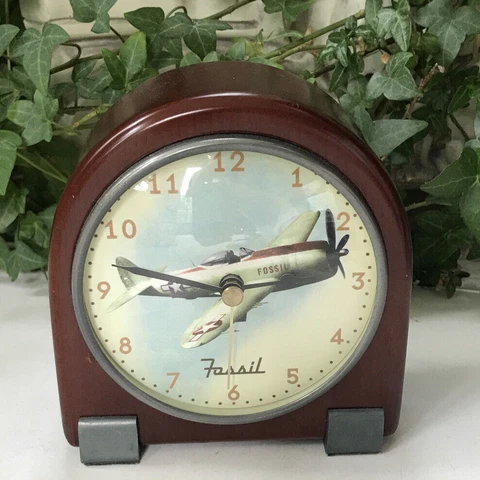 Fossil Mantel Desk Clock WWII Fighter Plane P-47 Thunderbolt Wooden Body WOW! Cover