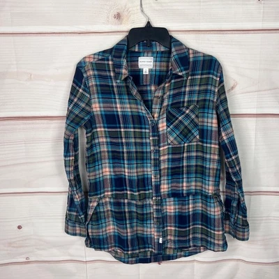 Melrose & Market Top Mujer XS Azul Camisa a Cuadros Botones Manga Larga Bolsillo Foto 1 de 4