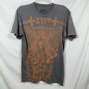 T-shirt Archaic by Affliction grigio medio stampa arancione teschio MMA double face M - Foto 1 di 8
